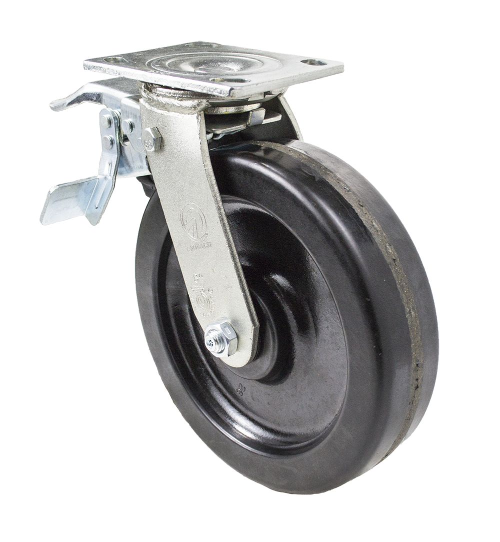 Caster; Swivel; 6" x 2"; Phenolic; Plate; 4"x4-1/2"; holes: 2-5/8"x3-5/8" (slots to 3"x3"); 3/8" bolt; Zinc; Roller Brng; 1200#; Total Lock (Leading) (Item #68607)
