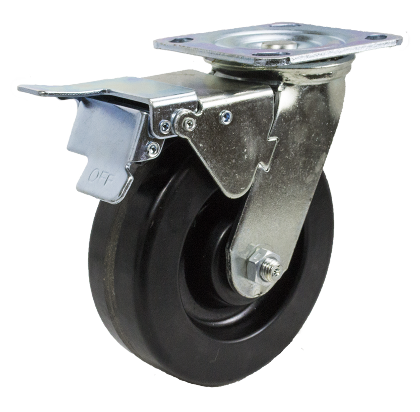 Caster; Swivel; 5" x 2"; Phenolic; Plate (4"x4-1/2"; holes: 2-5/8"x3-5/8" slots to 3"x3"; 3/8" bolt); Zinc; Roller Brng; 1000#; Total Lock (Trailing) (Item #64090) Caster; Swivel; 5" x 2"; Phenolic; Plate (4"x4-1/2"; holes: 2-5/8"x3-5/8" slots to 3"x3"; 3/8" bolt); Zinc; Roller Brng; 1000#; Total Lock (Trailing) (Item #64090)