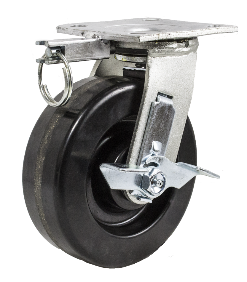 Caster; Swivel; 5" x 2"; Phenolic; Plate; 4"x4-1/2"; holes: 2-5/8"x3-5/8" (slots to 3"x3"); 3/8" bolt; Zinc; Roller Brng; 900#; Position Lock; Top Lock brake (Item #69393) Caster; Swivel; 5" x 2"; Phenolic; Plate; 4"x4-1/2"; holes: 2-5/8"x3-5/8" (slots to 3"x3"); 3/8" bolt; Zinc; Roller Brng; 900#; Position Lock; Top Lock brake (Item #69393)