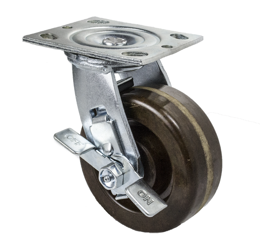 Caster; Swivel; 4x1-1/4; Hi-Temp Phenolic (Br); Plate; 3-1/8x4-1/8; 3/8 holes: 1-3/4x3 (slotted to 2-3/8x3-3/8); Spanner; 475/550 deg; brake; 350# (Item #67631) Caster; Swivel; 4x1-1/4; Hi-Temp Phenolic (Br); Plate; 3-1/8x4-1/8; 3/8 holes: 1-3/4x3 (slotted to 2-3/8x3-3/8); Spanner; 475/550 deg; brake; 350# (Item #67631)