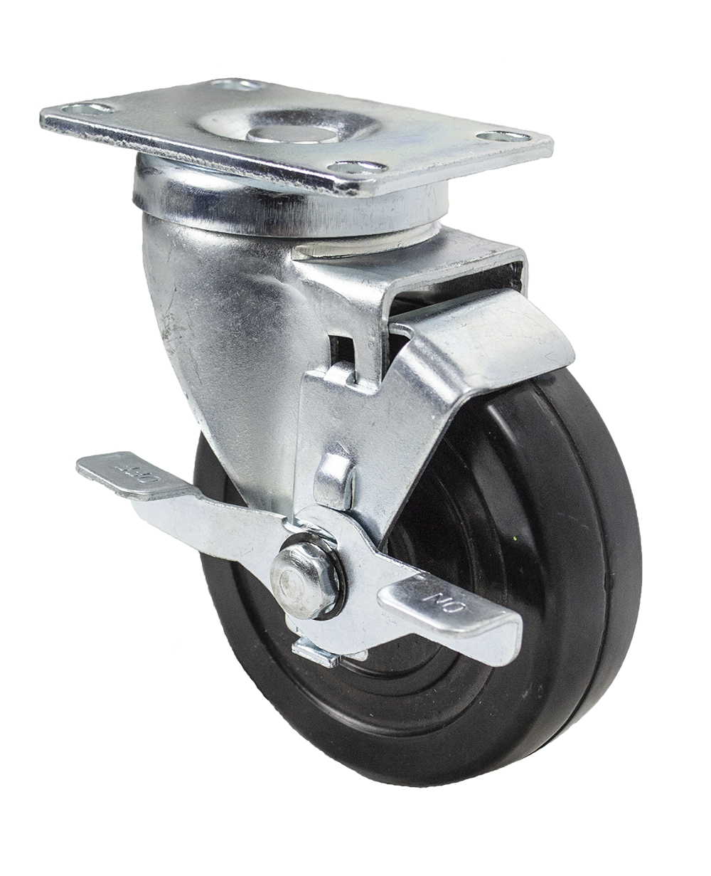 Caster; Swivel; 5" x 1-1/2"; Phenolic; Plate (3-1/8"x4-1/8"; holes: 1-3/4"x3" slots to 2-3/8"x3-3/8"; 3/8" bolt); Roller Brng; 400#; Dustcap; Brake (Item #63807) Caster; Swivel; 5" x 1-1/2"; Phenolic; Plate (3-1/8"x4-1/8"; holes: 1-3/4"x3" slots to 2-3/8"x3-3/8"; 3/8" bolt); Roller Brng; 400#; Dustcap; Brake (Item #63807)
