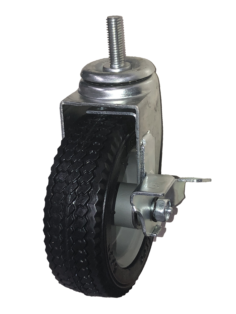 Caster; Swivel; 6" x 2"; Flat Free(Black); Premium One-piece welded Hub; Threaded Stem (1/2-13TPI x 1-1/2); Zinc; Ball Brng; 250#; Sawtooth Tread; Brake (Item #65421)