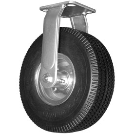 Caster; Rigid; 10" x 4"; Pneumatic (Black); Plate (4"x4-1/2"; holes: 2-5/8"x3-5/8" slots to 3"x3"; 3/8" bolt); Zinc; Prec Ball Brng; 350#; USA Made (Item #63647)