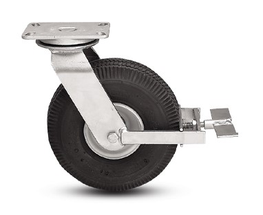 Caster; Swivel; 10" x 4"; Pneumatic (Black); Plate (4"x4-1/2"; holes: 2-5/8"x3-5/8" slots to 3"x3"; 3/8" bolt); Prec Ball Brng; 350#; USA Made; Face Brake (Item #63646)