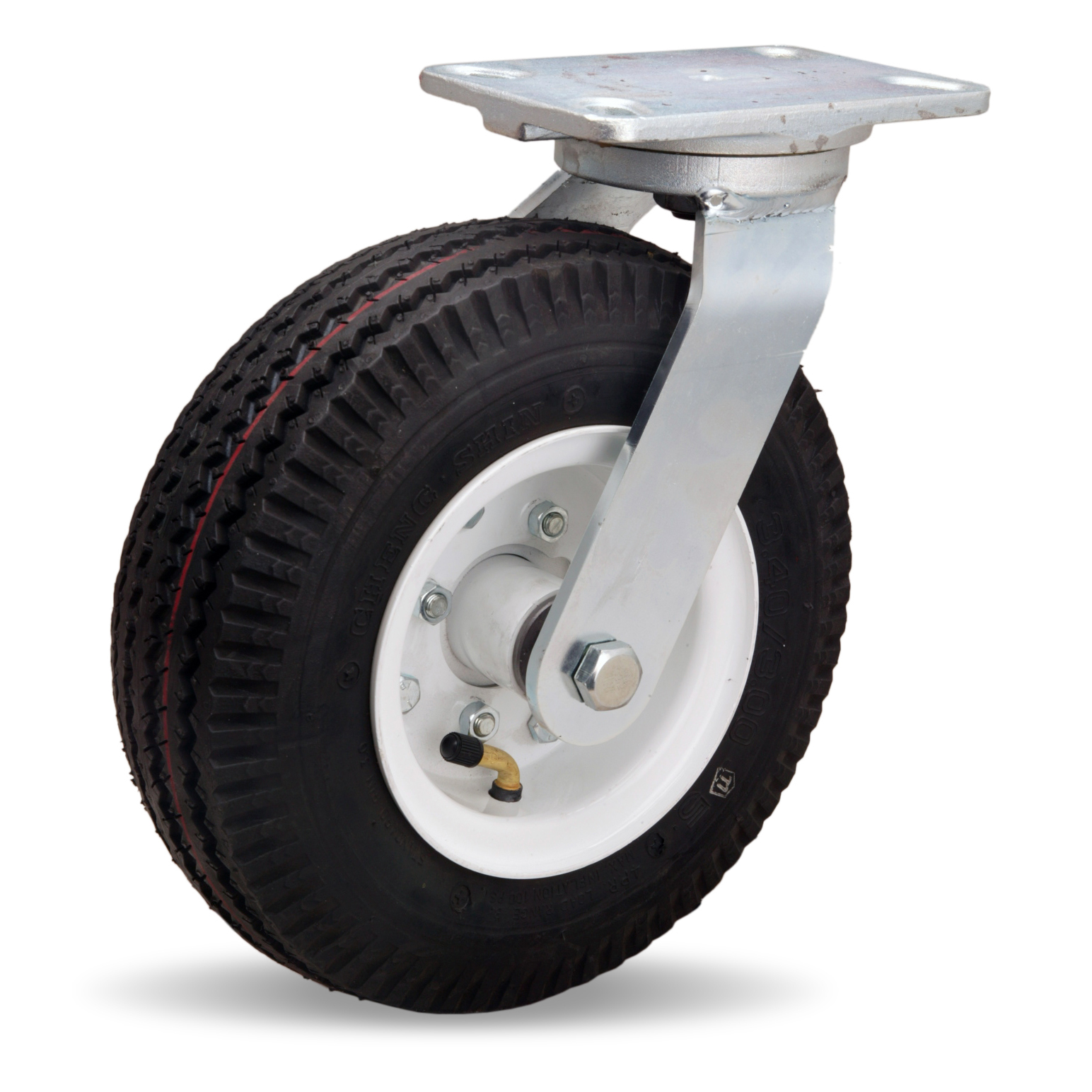 Caster; Swivel; 10" x 3-1/2"; Pneumatic; Plate; (4"x4-1/2": holes: 2-5/8"x3-5/8" slots to 3"x3"; 1/2" bolt): Ball Brng; 450#; Position Lock; Face Cont Brake (Item #63952)