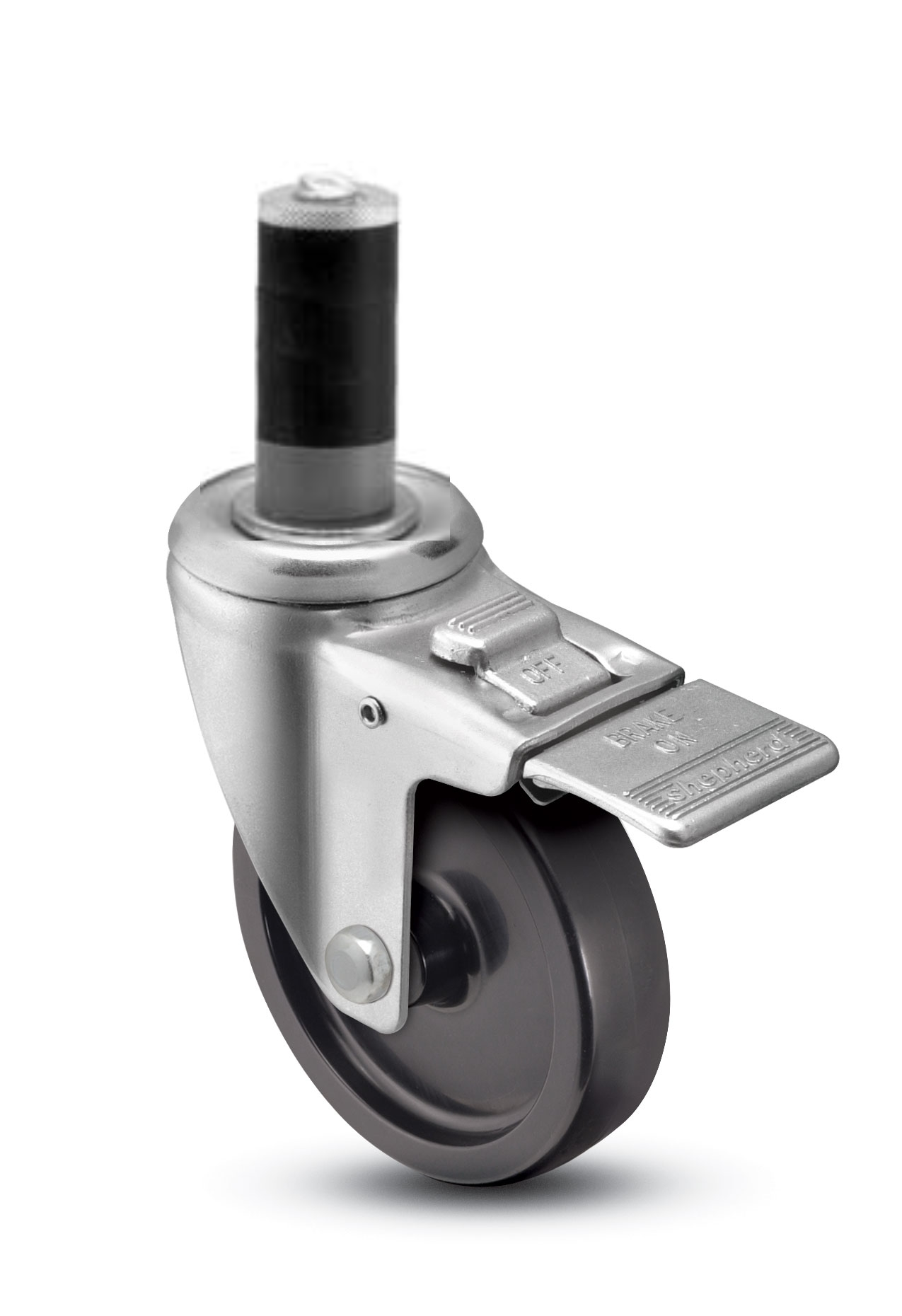 Caster; Swivel; 5" x 1-1/4"; Polyolefin; Expandable Adapter (1" - 1-1/16" ID tubing); Zinc; Plain bore; 300#; Total Lock; Dust Cover (Mtl) (Item #65064) Caster; Swivel; 5" x 1-1/4"; Polyolefin; Expandable Adapter (1" - 1-1/16" ID tubing); Zinc; Plain bore; 300#; Total Lock; Dust Cover (Mtl) (Item #65064)
