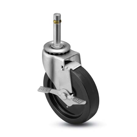 Caster; Swivel; 2-1/2" x 13/16"; Rubber (Hard; Non-marking); Grip Ring (7/16" x 7/8"); Zinc; Plain bore; 95#; Side friction brake (Item #66408) Caster; Swivel; 2-1/2" x 13/16"; Rubber (Hard; Non-marking); Grip Ring (7/16" x 7/8"); Zinc; Plain bore; 95#; Side friction brake (Item #66408)