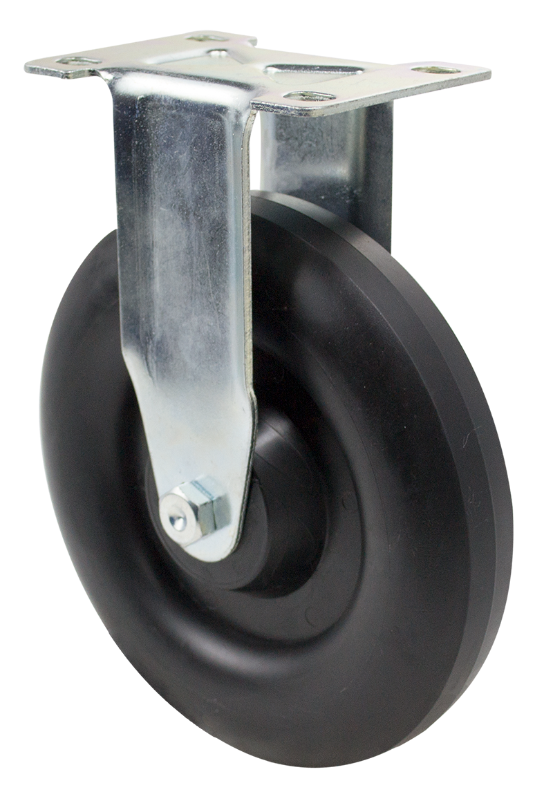 Caster; Rigid; 6" x 1-1/4"; Crowned Polyolefin; Top Plate (2-5/8"x3-3/4"; holes: 1-3/4"x2-3/4" slotted to 3"; 5/16" bolt); Zinc; Steel Spanner; 300# (Item #64639)