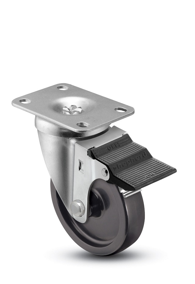 Caster; Swivel; 3x1-1/4; Polyolefin (Dark); Top Plate (2-3/8x3-5/8; holes: 1-3/4x2-7/8 slotted to 3; 5/16 bolt); Zinc; Plain bore; 300#; Pedal Brake (Item #67286) Caster; Swivel; 3x1-1/4; Polyolefin (Dark); Top Plate (2-3/8x3-5/8; holes: 1-3/4x2-7/8 slotted to 3; 5/16 bolt); Zinc; Plain bore; 300#; Pedal Brake (Item #67286)
