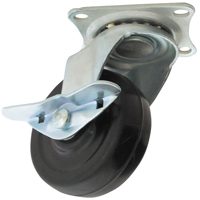 Caster; Swivel; 3 x 1-1/4; Polyolefin; Top Plate (3-1/8x4-1/8; holes: 2-3/8x3-3/8 slotted to 3-7/16; 5/16 bolt); Zinc; Plain bore; 250#; Side cam brake (Item #66853) Caster; Swivel; 3 x 1-1/4; Polyolefin; Top Plate (3-1/8x4-1/8; holes: 2-3/8x3-3/8 slotted to 3-7/16; 5/16 bolt); Zinc; Plain bore; 250#; Side cam brake (Item #66853)