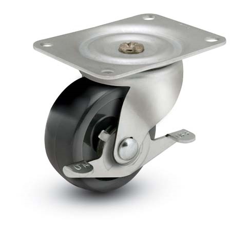Caster; Swivel; 2" x 13/16"; Polyolefin; Plate (1-1/2" x 2-5/8"; holes: 15/16" x 2-1/8"; 1/4" bolt); Zinc; Plain bore; 90#; Side friction brake (Item #63802)