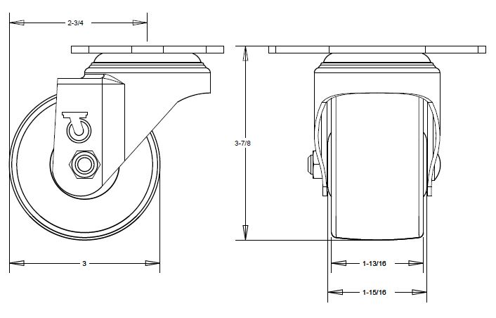 (image for) Caster; Swivel; 3x1-13/16; Polyolefin; Plate (3-1/32x4-3/8: Diamond shape; two holes: 3-1/2 apart; 7/16 bolt); Zinc; Prec Ball Brng; 500#; Inverted Loading (Item #67312)