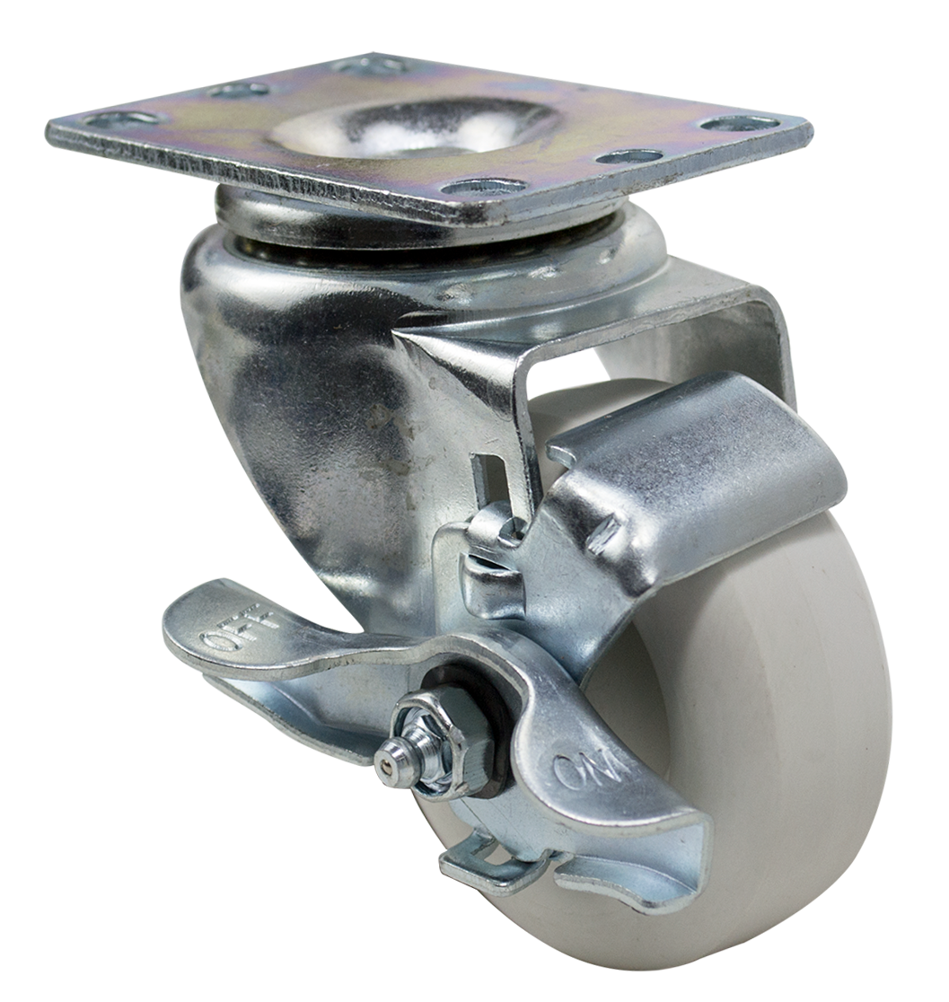 Caster; Swivel; 5" x 1-1/4"; White Crowned Polyolefin; Plate (2-3/8"x3-5/8"; holes: 1-3/4"x2-7/8" slotted to 3"; 5/16" bolt); Spanner; 350#; Tread brake (Item #66308) Caster; Swivel; 5" x 1-1/4"; White Crowned Polyolefin; Plate (2-3/8"x3-5/8"; holes: 1-3/4"x2-7/8" slotted to 3"; 5/16" bolt); Spanner; 350#; Tread brake (Item #66308)