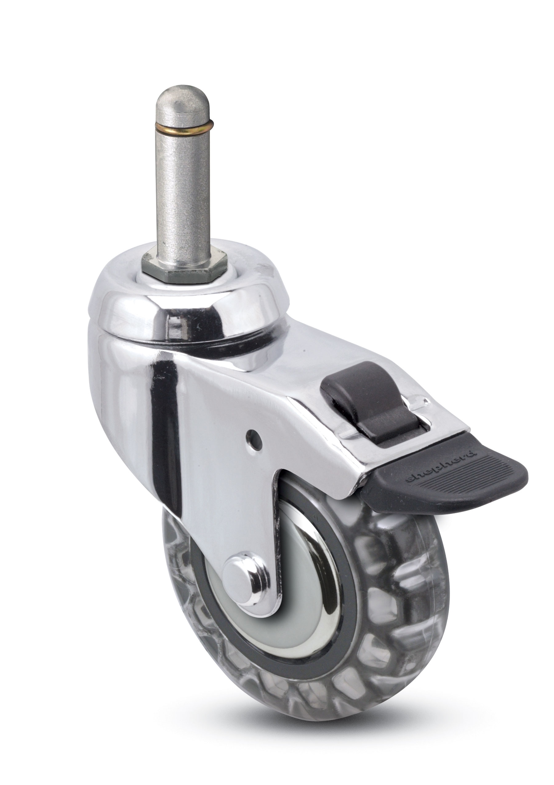 Caster; Swivel; 3" x 15/16"; Polyurethane (Clear); Grip Ring (7/16" x 7/8"); Chrome; Precision Ball Brng; 120#; Total Lock Brake: Thread Guards (Item #65742)
