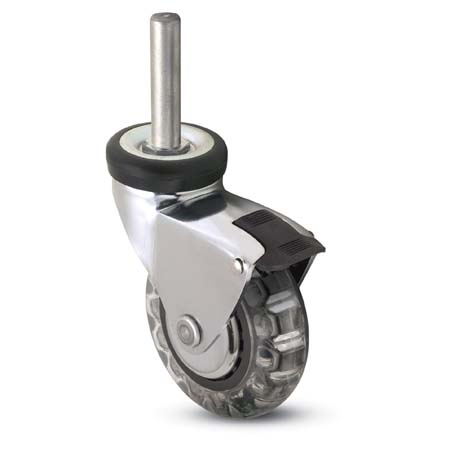 Caster; Swivel; 3" x 15/16"; Polyurethane (Clear); Threaded Stem (3/8"-16TPI x 1-1/2"); Chrome; Precision Ball Brng; 120#; Hood; Thread guards; Pedal Brake (Item #63789) Caster; Swivel; 3" x 15/16"; Polyurethane (Clear); Threaded Stem (3/8"-16TPI x 1-1/2"); Chrome; Precision Ball Brng; 120#; Hood; Thread guards; Pedal Brake (Item #63789)