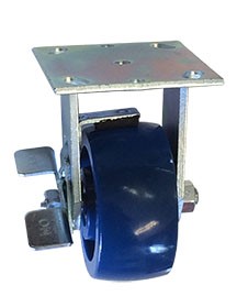 Caster; Rigid; 4 x 2; Polyurethane; Top Plate; 4x4-1/2; hole spacing: 2-5/8x3-5/8 (slotted to 3x3); 3/8 bolt; Zinc; Roller Brng; 700#; Top lock brake (Item #67520)