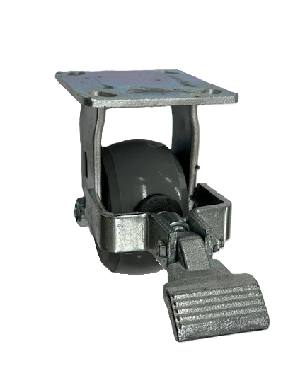 Caster; Rigid; 4" x 2"; Solid 65D Polyurethane; Plate (4"x4-1/2"; holes: 2-5/8"x3-5/8" slots to 3"x3"; 3/8" bolt); Zinc; Roller Brng; 1000#; Face Brake (Item #63063) Caster; Rigid; 4" x 2"; Solid 65D Polyurethane; Plate (4"x4-1/2"; holes: 2-5/8"x3-5/8" slots to 3"x3"; 3/8" bolt); Zinc; Roller Brng; 1000#; Face Brake (Item #63063)