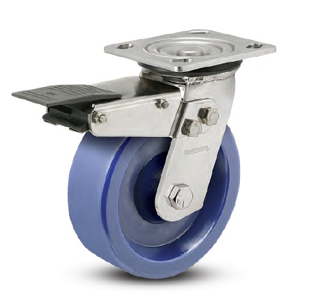 (image for) Caster; Swivel; 6" x 2"; 55D Solid Polyurethane; Plate (4"x4-1/2"; holes: 2-5/8"x3-5/8" slots to 3"x3"; 3/8" bolt); Stainless; Roller Brng; 900#; Total Lock (Item #63607)