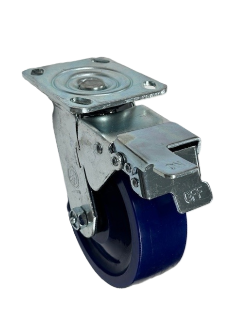 Caster; Swivel; 6" x 2"; Solid Polyurethane; Plate (4"x4-1/2"; holes: 2-5/8"x3-5/8" slots to 3"x3"; 3/8" bolt); Zinc; Roller Brng; 1000#; Total Lock (Trailing) (Item #64004) Caster; Swivel; 6" x 2"; Solid Polyurethane; Plate (4"x4-1/2"; holes: 2-5/8"x3-5/8" slots to 3"x3"; 3/8" bolt); Zinc; Roller Brng; 1000#; Total Lock (Trailing) (Item #64004)