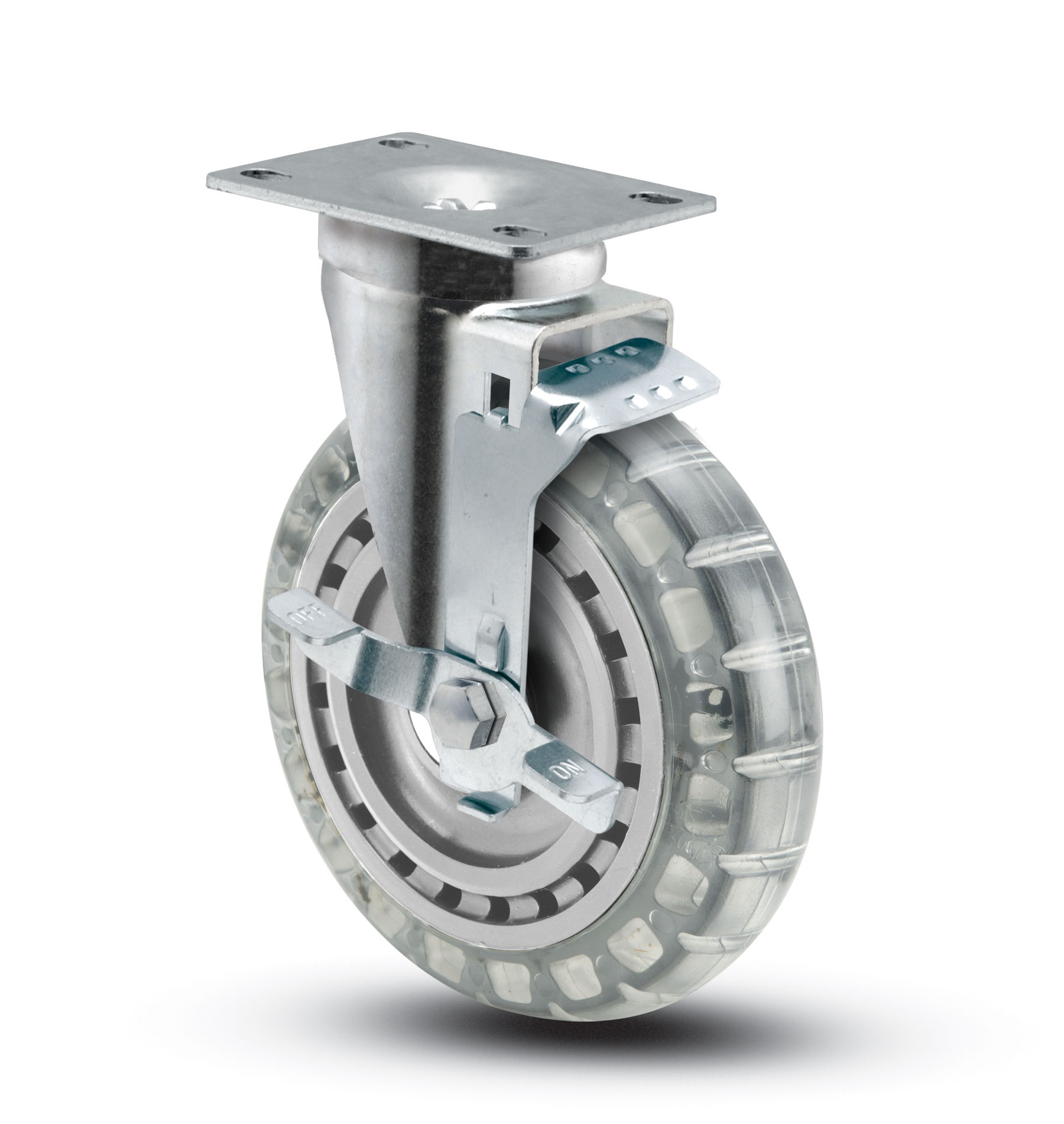 Caster; Swivel; 6"x1-1/4"; Polyurethane (Clear); Plate (2-5/8"x3-3/4"; holes: 1-3/4"x2-3/4" slotted to 3"; 5/16" bolt); Zinc; Ball Brng; 300#; Dustcap; Brake (Item #64752)