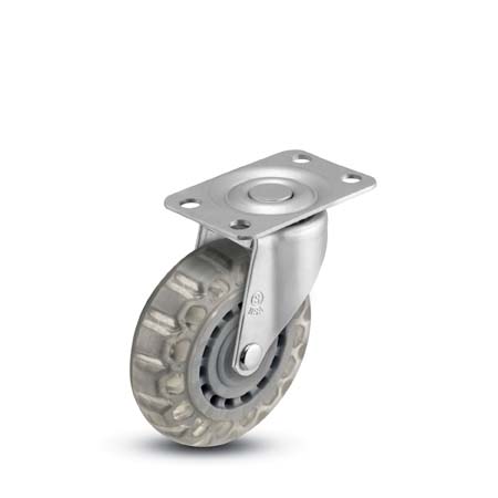 (image for) Caster; Swivel; 2" x 13/16"; Polyurethane (Clear); Top Plate (1-3/16" x 2"; holes: 13/16" x 1-9/16"; 3/16" bolt); Zinc; Plain bore; 80# (Item #66187)