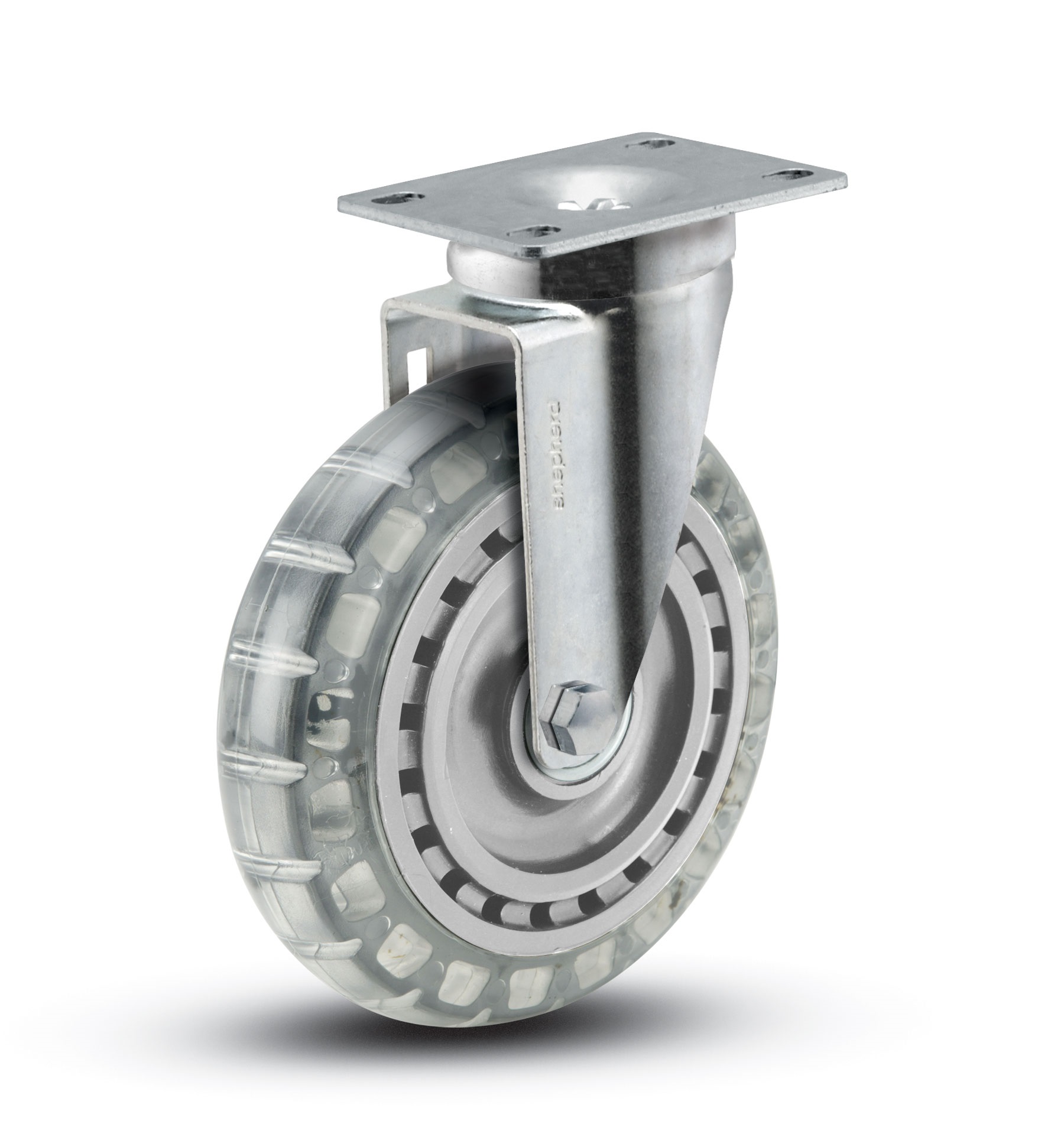 Caster; Swivel; 6"x1-1/4"; Polyurethane (Clear); Plate (2-5/8"x3-3/4"; holes: 1-3/4"x2-3/4" slotted to 3"; 5/16" bolt); Zinc; Ball Brng; 300#; Dustcap (Item #64754) Caster; Swivel; 6"x1-1/4"; Polyurethane (Clear); Plate (2-5/8"x3-3/4"; holes: 1-3/4"x2-3/4" slotted to 3"; 5/16" bolt); Zinc; Ball Brng; 300#; Dustcap (Item #64754)