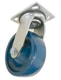 Caster; Swivel; 6" x 2"; Solid Polyurethane; Plate (4"x4-1/2"; holes: 2-5/8"x3-5/8" slots to 3"x3"; 3/8" bolt); Zinc; Roller Brng; 1000# (Item #64008)
