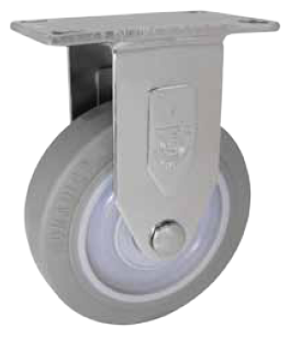 Caster; Rigid; 3 x 1-1/4; PolyU on PolyO (Gr/Bg); Plate (2-3/8x3-5/8; holes: 1-3/4x2-7/8 slotted to 3; 5/16 bolt); Stainless; Delrin Spanner; 250# (Item #66560)