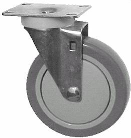 Caster; Swivel; 5"x1-1/4"; PolyU on PolyO (Gray); Plate (4"x4-1/2"; holes: 2-5/8"x3-5/8" slotted to 3"x3"; 3/8" bolt); Zinc; Ball Bearing; 250#; Thread guards (Item #67399)