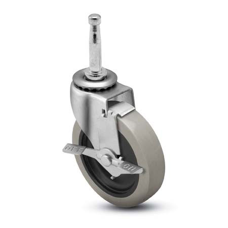 Caster; Swivel; 3" x 13/16"; PolyU on PolyO (Gray); Grip Neck (5/16" x 1-1/2"); Zinc; Plain bore; 120#; Side friction brake (Item #64512) Caster; Swivel; 3" x 13/16"; PolyU on PolyO (Gray); Grip Neck (5/16" x 1-1/2"); Zinc; Plain bore; 120#; Side friction brake (Item #64512)