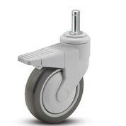 Caster; Swivel; 4"x1-1/4"; PolyU on PolyO (Gray); Grip Ring (7/16"x1-7/16"); Nylon; Precision Ball Brng; 220#; Total Lock; Thread guards (Item #66871)