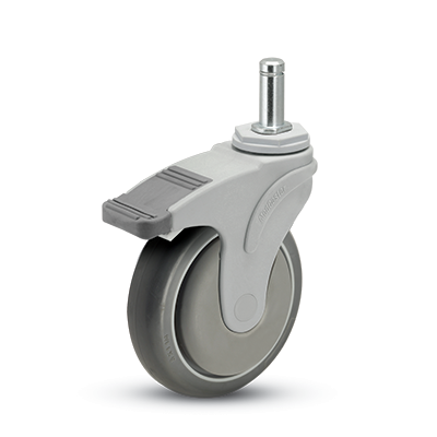 Caster; Swivel; 3" x 1-1/4"; PolyU on PolyO (Gray); Grip Ring (7/16" x 1-7/16"); Nylon (Gray); Prec Ball Brngs; 200#; Thread guards; Total Lock (Item #63300)