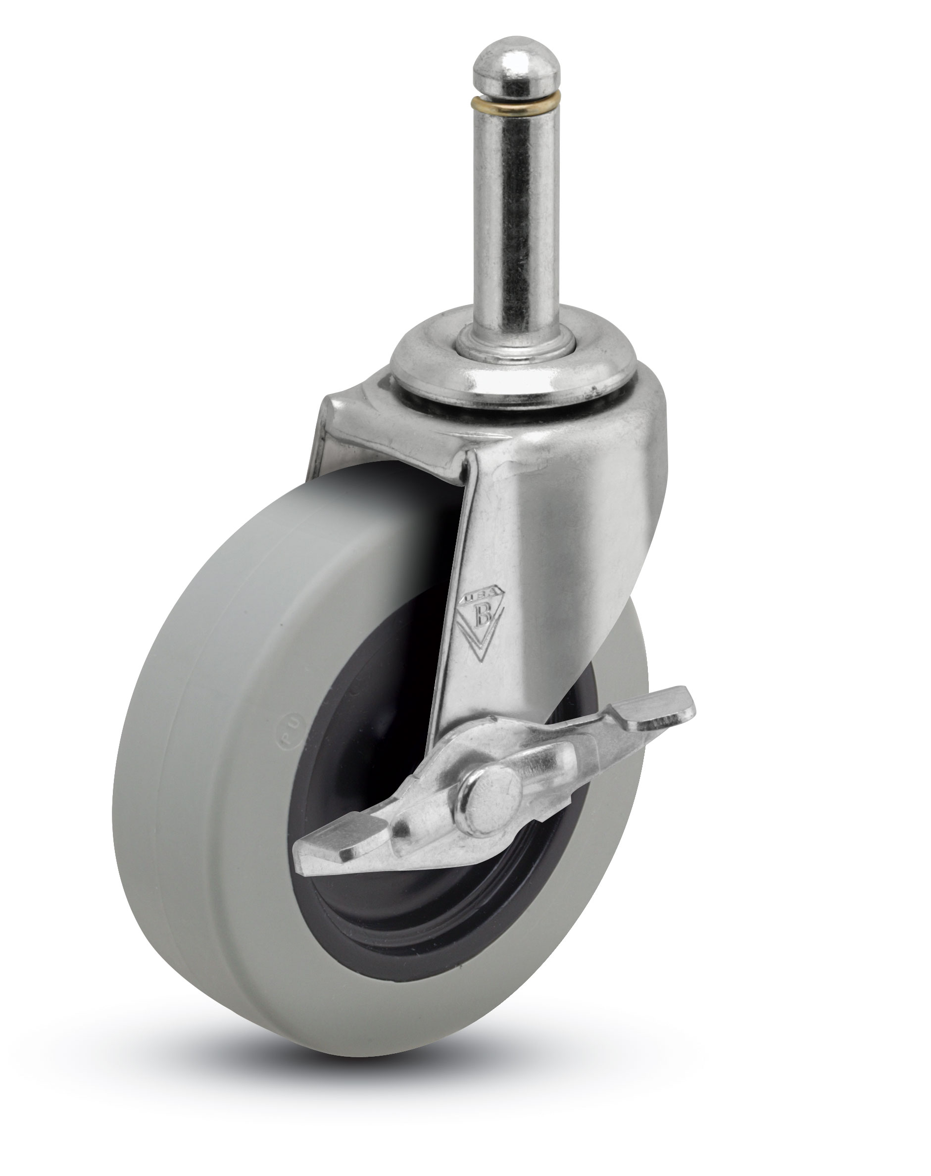 Caster; Swivel; 3" x 13/16"; PolyU on PolyO (Gray); Grip Ring (7/16x1-7/16); Zinc; Plain bore; 120#; Side friction brake (Item #66565) Caster; Swivel; 3" x 13/16"; PolyU on PolyO (Gray); Grip Ring (7/16x1-7/16); Zinc; Plain bore; 120#; Side friction brake (Item #66565)