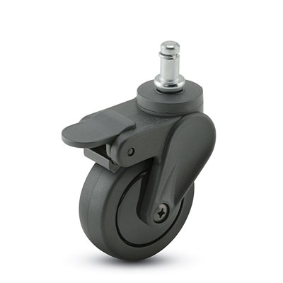Caster; Swivel; 3" x 15/16"; Dark PolyU on PolyO; Grip Ring (7/16" x 7/8"); Black GFN; Delrin Bushing; 120#; Pedal Brake (Item #66278)