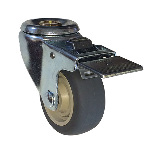 Caster; Swivel; 5" x 1-1/4"; TPR Rubber (Gray); Hollow Kingpin (1/2" bolt hole); Zinc; Plain Bore; 300#; Dust Cover (Mtl); Total Lock (Item #63990) Caster; Swivel; 5" x 1-1/4"; TPR Rubber (Gray); Hollow Kingpin (1/2" bolt hole); Zinc; Plain Bore; 300#; Dust Cover (Mtl); Total Lock (Item #63990)