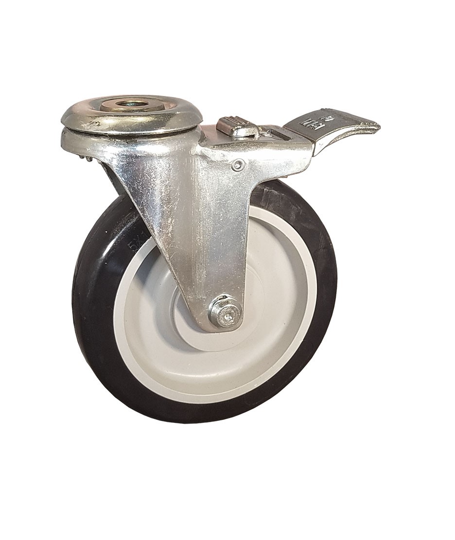 Caster; Swivel; 5" x 1-1/4"; PolyU on PolyO (Gray); Hollow Kingpin (1/2" bolt hole); Zinc; Plain bore; 300#; Total Lock pedal brake (Item #65078)