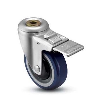 Caster; Swivel; 5" x 1-1/4"; PolyU on PolyO (Blue); Hollow Kingpin (1/2" bolt hole); Zinc; Prec Ball Brng; 300#; Dust Cover (Mtl); Thread Gaurds; Total Lock (Item #63989)