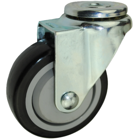 Caster; Swivel; 4" x 1-1/4"; PolyU on PolyO (Black); Hollow Kingpin (1/2" bolt hole); Zinc; Plain bore; 250#; Dust Cover (Mtl) (Item #64896)