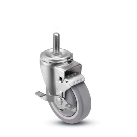 Caster; Swivel; 4 x 1-1/4; PolyU on PolyO (Gr/Bg); Threaded Stem (1/2-13TPI x 1-1/2); Stainless; Delrin Spanner; 300#; Tread brake (Item #66569) Caster; Swivel; 4 x 1-1/4; PolyU on PolyO (Gr/Bg); Threaded Stem (1/2-13TPI x 1-1/2); Stainless; Delrin Spanner; 300#; Tread brake (Item #66569)