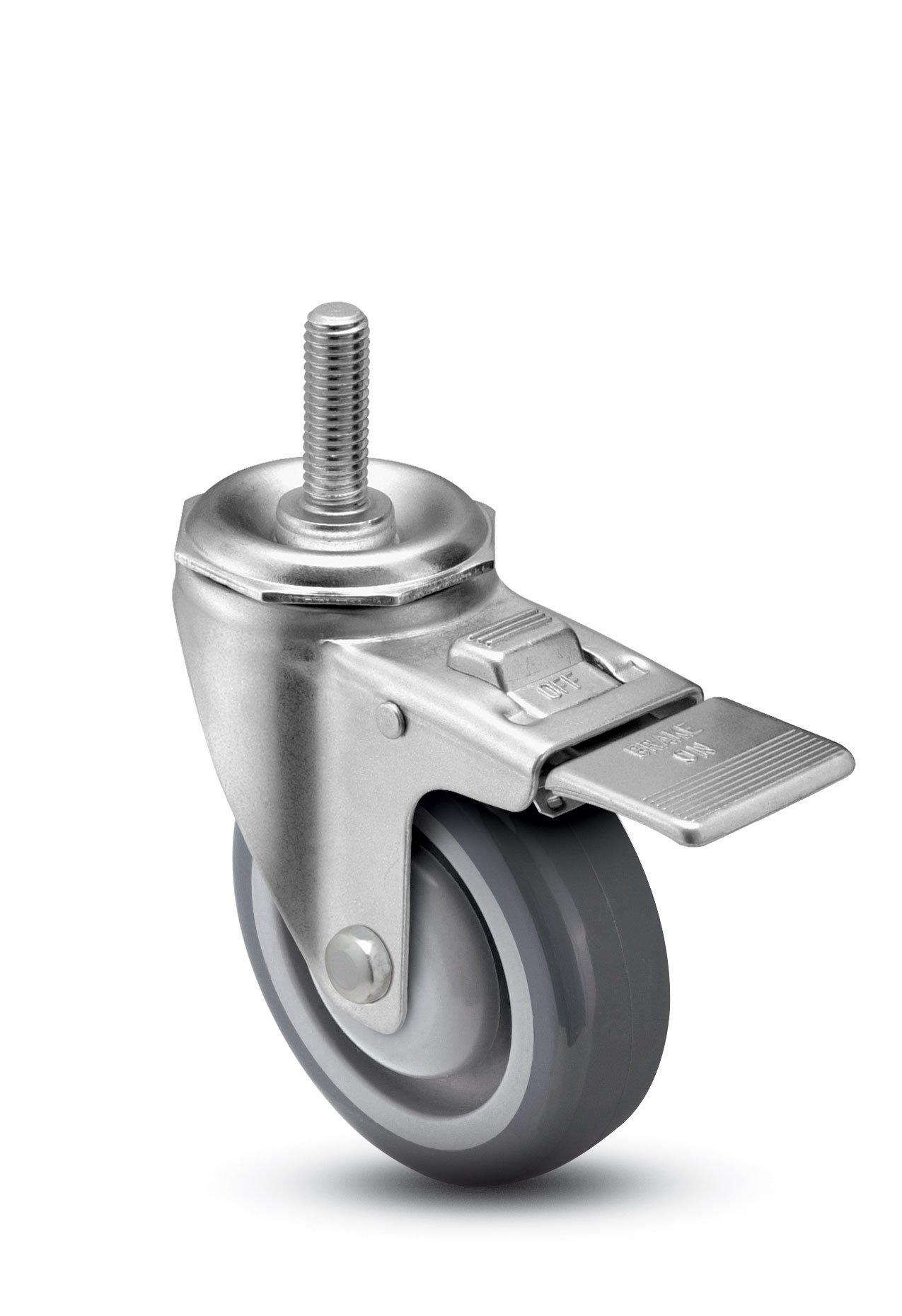 Caster; Swivel; 5" x 1-1/4"; PolyU on PolyO (Gray); Threaded Stem (1/2"-13TPI x 2-13/16"); Zinc; Precision Ball Brng; 300#; Total Lock; Dust Cover (Item #63405)