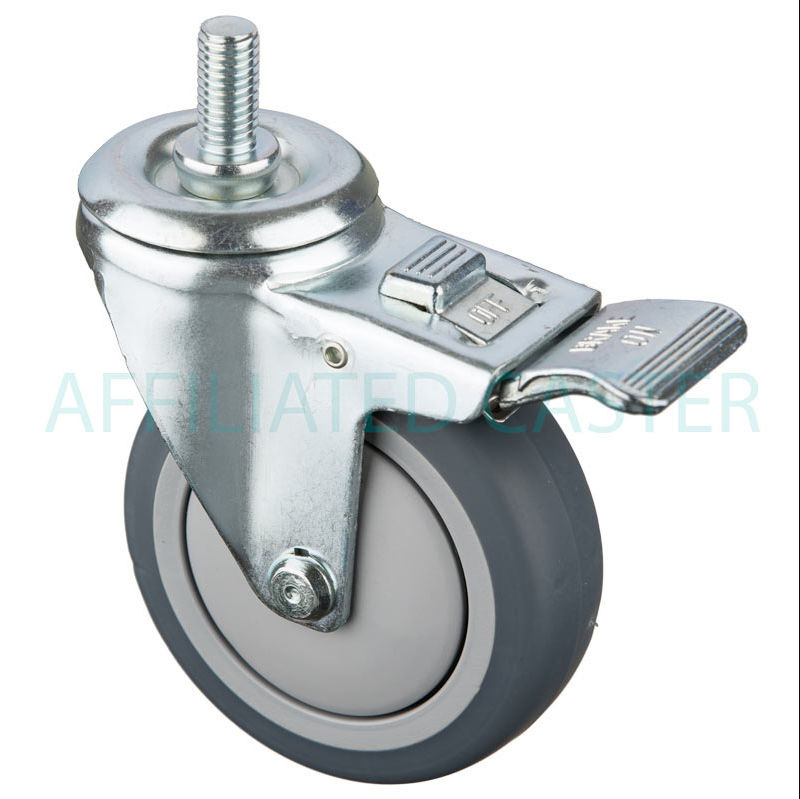 Caster; Swivel; 4" x 1-1/4"; PolyU on PolyO (Gray); Threaded Stem (5/8"-11TPI x 1-3/4"); Zinc; Prec Ball Brngs; 350#; Dust Cover (Mtl); Total Lock (Trailing) (Item #63631)