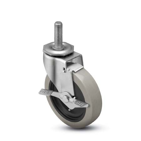 Caster; Swivel; 2-1/2" x 13/16"; PolyU on PolyO (Gray); Threaded Stem (3/8"-16TPI x 1"); Zinc; Plain bore; 95#; Side friction brake (Item #65778) Caster; Swivel; 2-1/2" x 13/16"; PolyU on PolyO (Gray); Threaded Stem (3/8"-16TPI x 1"); Zinc; Plain bore; 95#; Side friction brake (Item #65778)