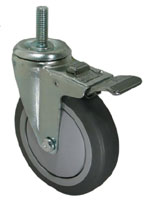 Caster; Swivel; 5 x 1-1/4; PolyU on PolyO (Gray); Threaded Stem; 1/2-13TPI x 1; Zinc; Precision Ball Brng; 300#; Pedal wheel brake; Thread guards (Item #68259)