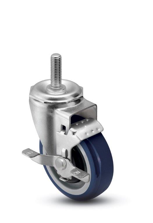 Caster; Swivel; 5" x 1-1/4"; PolyU on PolyO (Blue); Threaded Stem (3/4"-10TPI x 1-3/4"); Zinc; Ball Brng; 300#; Tread brake; Dust Cover (Mtl); Thread guards (Item #65898)