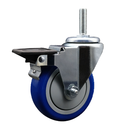 Caster; Swivel; 5" x 1-1/4"; PolyU on PolyO (Blue); Threaded Stem (3/4"-10TPI x 1-3/4"); Zinc; Ball Brng; 300#; Pedal brake; Dust Cover (Mtl); Thread guards (Item #65897) Caster; Swivel; 5" x 1-1/4"; PolyU on PolyO (Blue); Threaded Stem (3/4"-10TPI x 1-3/4"); Zinc; Ball Brng; 300#; Pedal brake; Dust Cover (Mtl); Thread guards (Item #65897)
