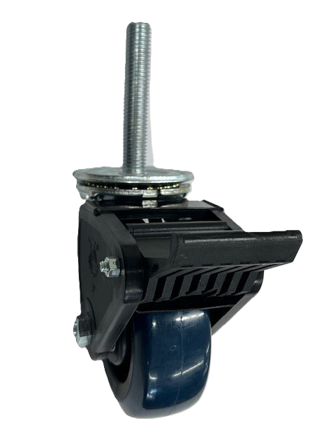 Caster; Swivel; 5" x 2"; PolyU on PolyO (Blue); Threaded Stem (3/4"-10TPI x 4"); Zinc; Roller Brng; 700#; Pedal Wheel Brake (Item #64404) Caster; Swivel; 5" x 2"; PolyU on PolyO (Blue); Threaded Stem (3/4"-10TPI x 4"); Zinc; Roller Brng; 700#; Pedal Wheel Brake (Item #64404)