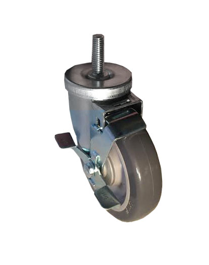 Caster; Swivel; 4" x 1-1/4"; PolyU on PolyO (Gr/Bg); Threaded Stem (1/2"-13TPI x 1-1/2"); Stainless; Stainless Ball Brng; 275#; Tread brake; Dust Cover (Mtl) (Item #65591) Caster; Swivel; 4" x 1-1/4"; PolyU on PolyO (Gr/Bg); Threaded Stem (1/2"-13TPI x 1-1/2"); Stainless; Stainless Ball Brng; 275#; Tread brake; Dust Cover (Mtl) (Item #65591)