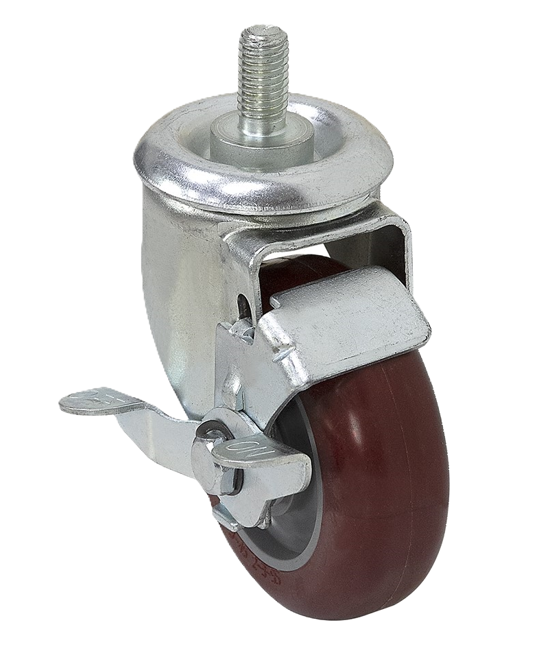 Caster; Swivel; 4" x 1-1/4"; PolyU on PolyO (Red); Threaded Stem (1/2"-13TPI x 1-1/2"); Zinc; Delrin Spanner; 300#; Tread brake (Item #66373) Caster; Swivel; 4" x 1-1/4"; PolyU on PolyO (Red); Threaded Stem (1/2"-13TPI x 1-1/2"); Zinc; Delrin Spanner; 300#; Tread brake (Item #66373)