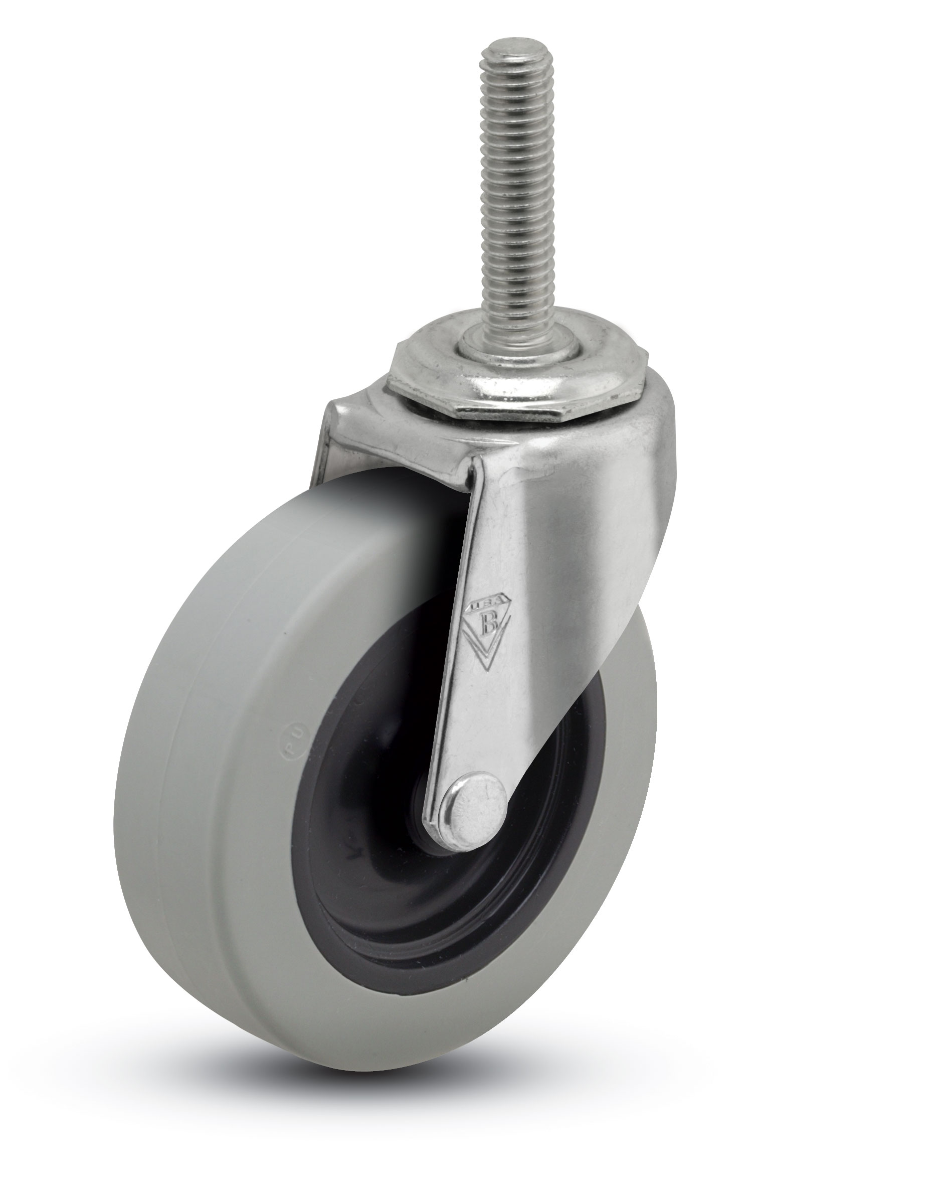 Caster; Swivel; 3" x 13/16"; PolyU on PolyO (Gray); Threaded Stem (3/8"-16TPI x 1-1/2"); Zinc; Plain bore; 120# (Item #65881) Caster; Swivel; 3" x 13/16"; PolyU on PolyO (Gray); Threaded Stem (3/8"-16TPI x 1-1/2"); Zinc; Plain bore; 120# (Item #65881)