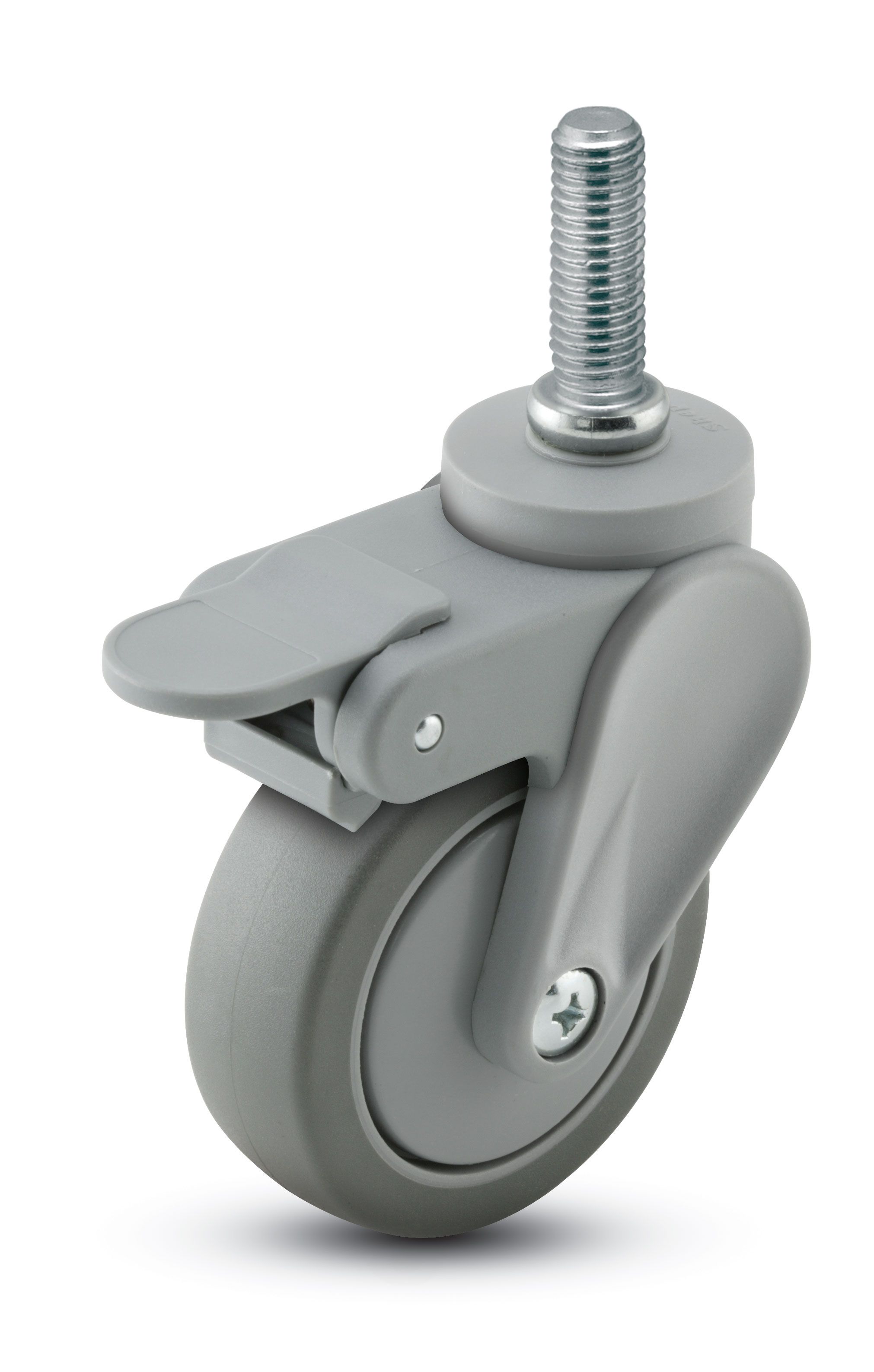 Caster; Swivel; 3" x 15/16"; PolyU on PolyO (Gray); Threaded Stem; 5/16"-18TPI x 1"; Gray GFN; Delrin Brng; 120#; Thread Guards; Pedal Brake (Item #63271)